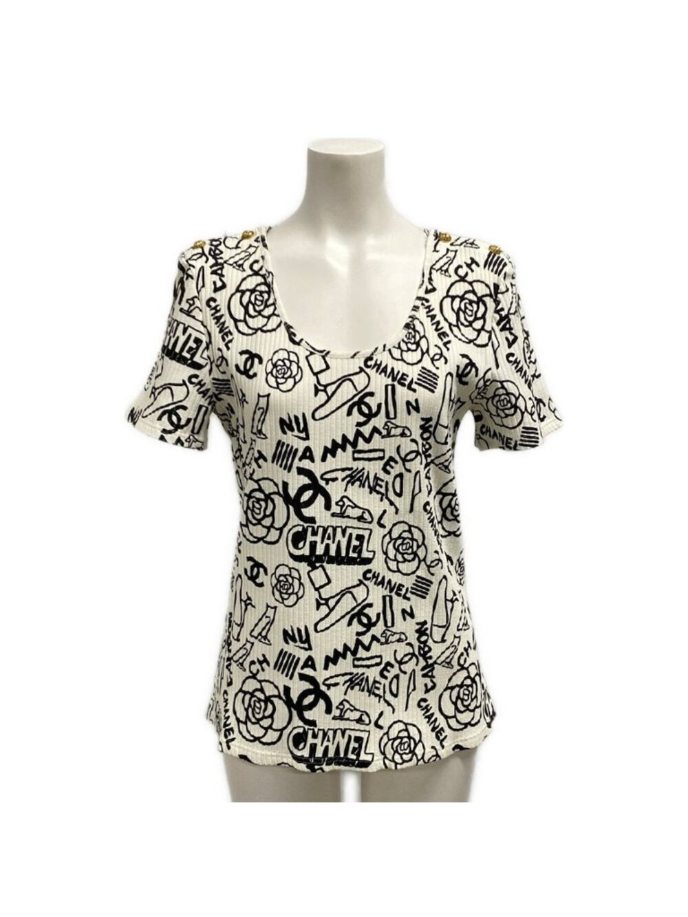 Chanel Short Sleeve Top M Ivory Black 38